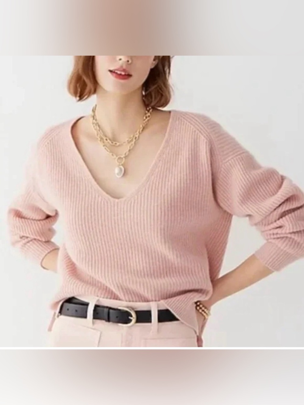 Jcrew cashmere ribbed oversized V-neck sweater soft pink